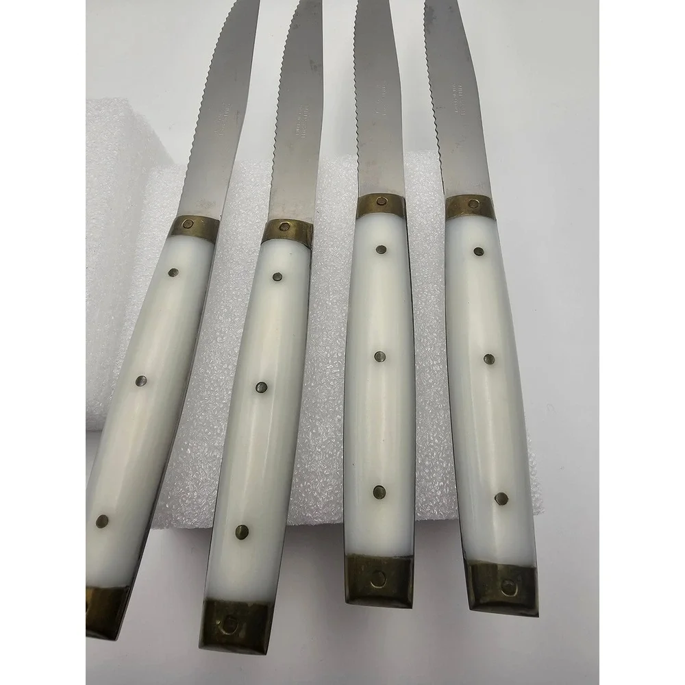 Vintage French Steak Knives Set of 4 Stainless Steel Cream Faux Bone Handles